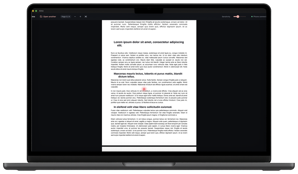 Aimo on a MacBook showing a document with the glowing laser pointer