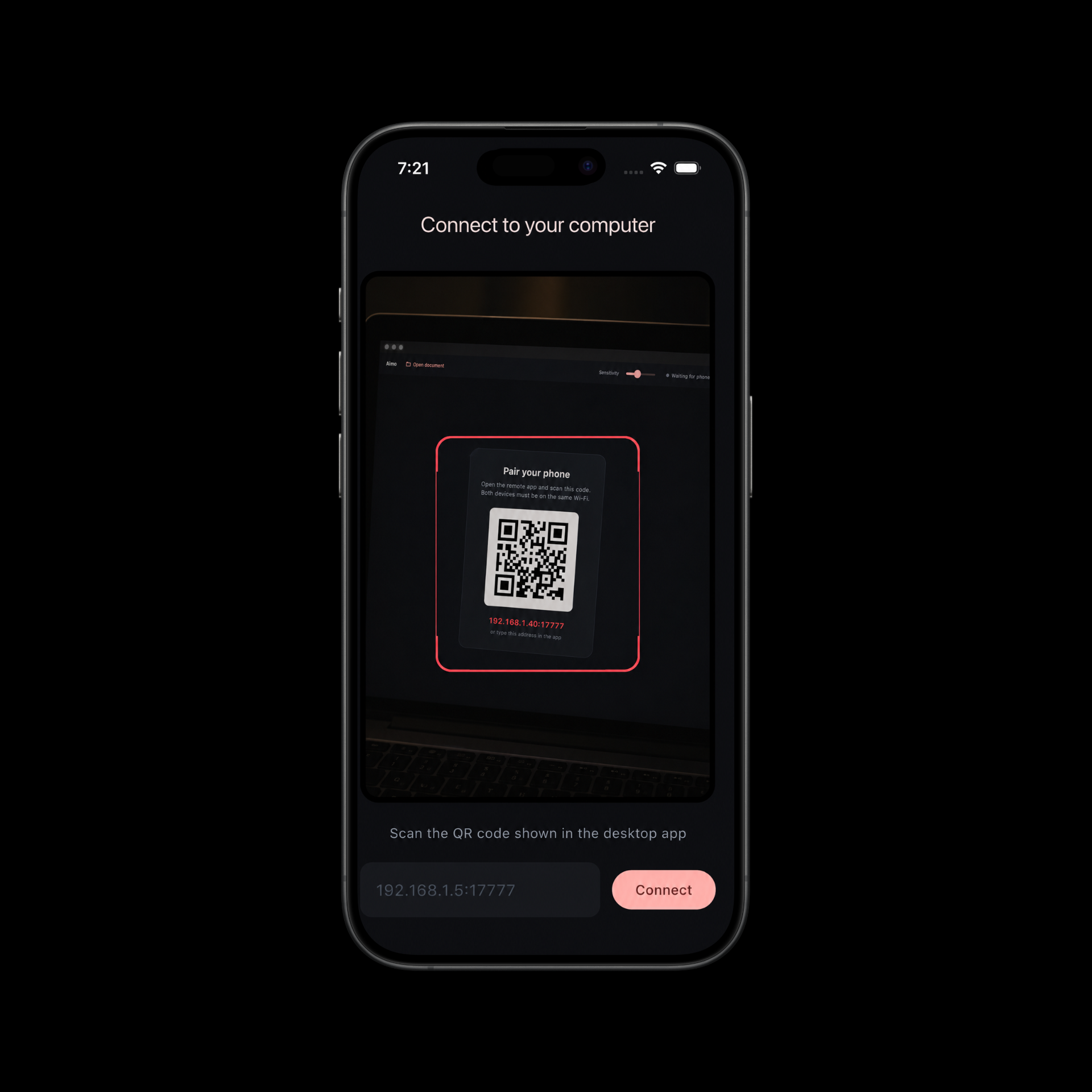iPhone scanning the Aimo pairing QR code