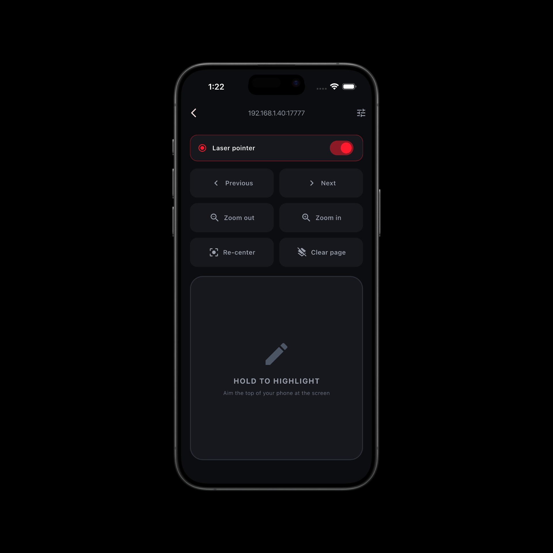 Aimo remote screen on iPhone with pointer, slides, and highlight controls